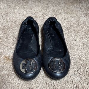 Tory Burch Black Leather Flats with Silver Logo